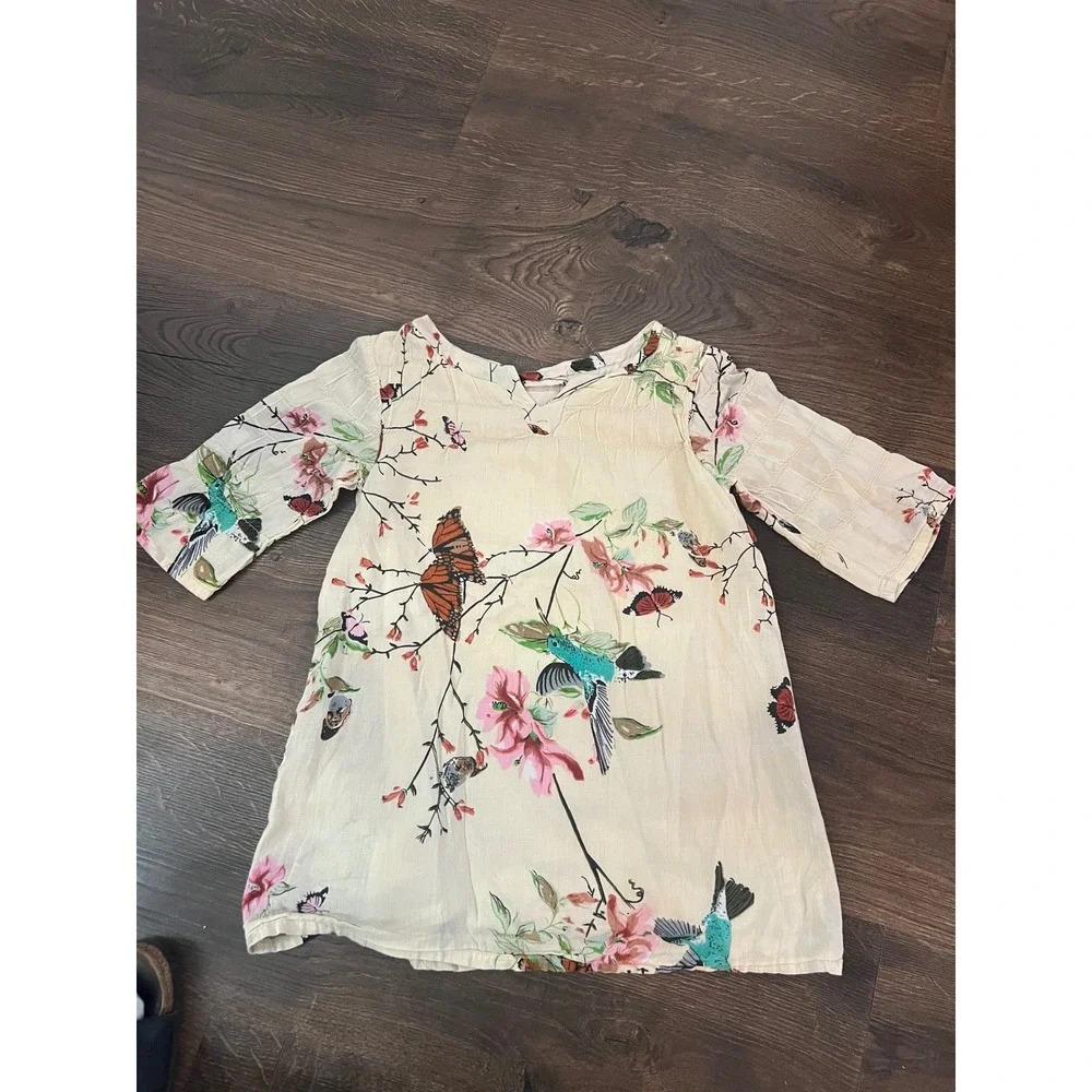 Peek Kids Girls Cream Hummingbird Butterfly Floral Cotton Tunic Dress Size 4-5